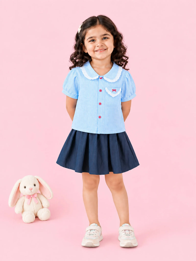 Girls Cotton Co-Ord Set – Blue Striped Shirt with Navy Flared Skirt