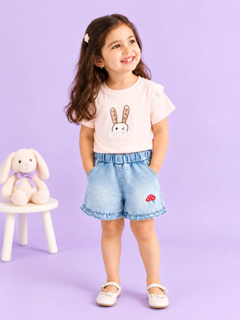 Girls Cotton Co-Ord Set – Peach Bunny T-Shirt with Denim Shorts