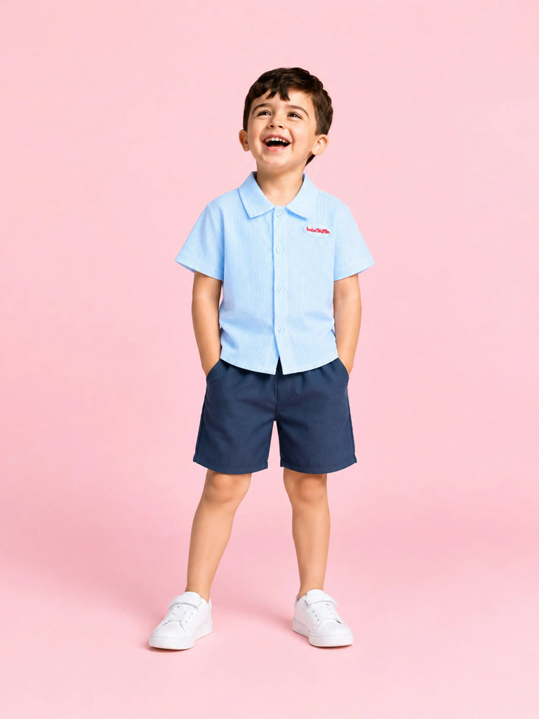 Boys Cotton Shirt & Shorts Set – Blue Striped Shirt with Navy Shorts