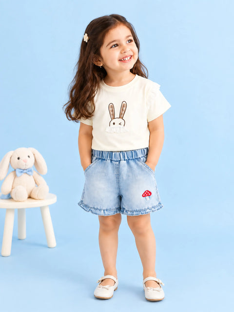 Girls Cotton Co-Ord Set – White Bunny T-Shirt with Denim Shorts