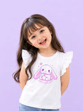 Girls White Top – Cute Bunny “Nom Nom Nom” Print with Ruffle Sleeves