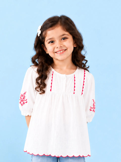 Girls Cotton Dress – White 3/4 Sleeve Dress with Red Embroidery & Scalloped Details