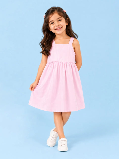 Girls Cotton Frock – Light Pink Sleeveless Flared Dress with Waist Tie