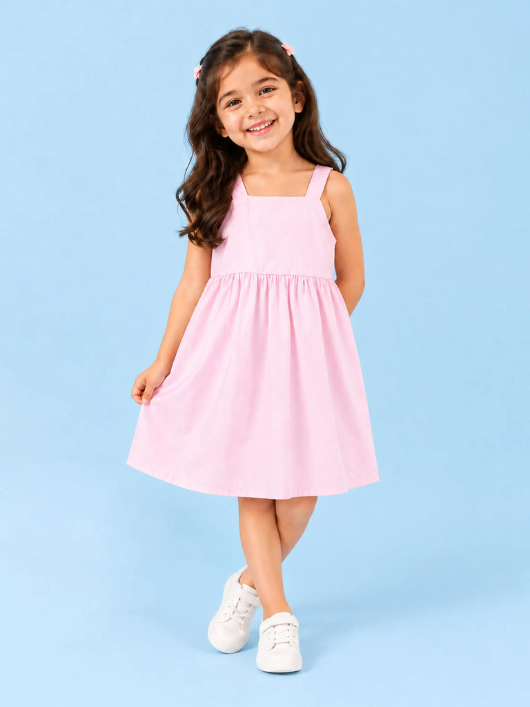 Girls Cotton Frock – Light Pink Sleeveless Flared Dress with Waist Tie