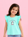 Girls Aqua Top – Lil Penguin Energy Print with Ruffle Sleeves