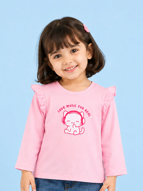 Girls Pink Full-Sleeve Top – Love Music Fur Real Print
