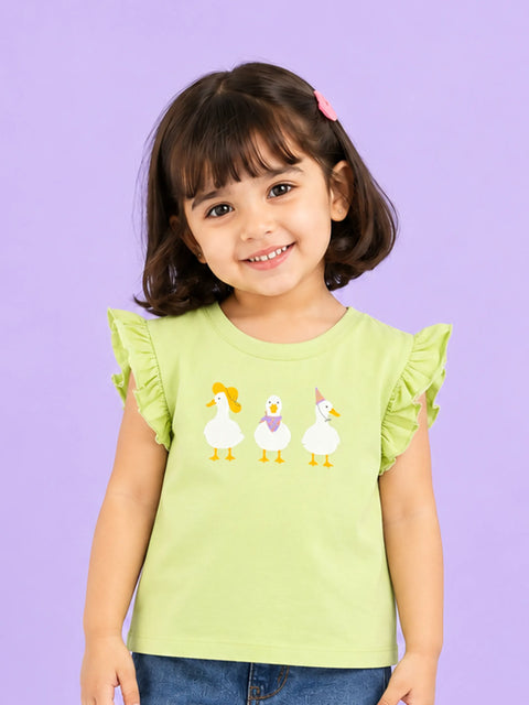 Girls Light Green Top – Cute Duck Print with Ruffle Sleeves