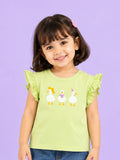 Girls Light Green Top – Cute Duck Print with Ruffle Sleeves