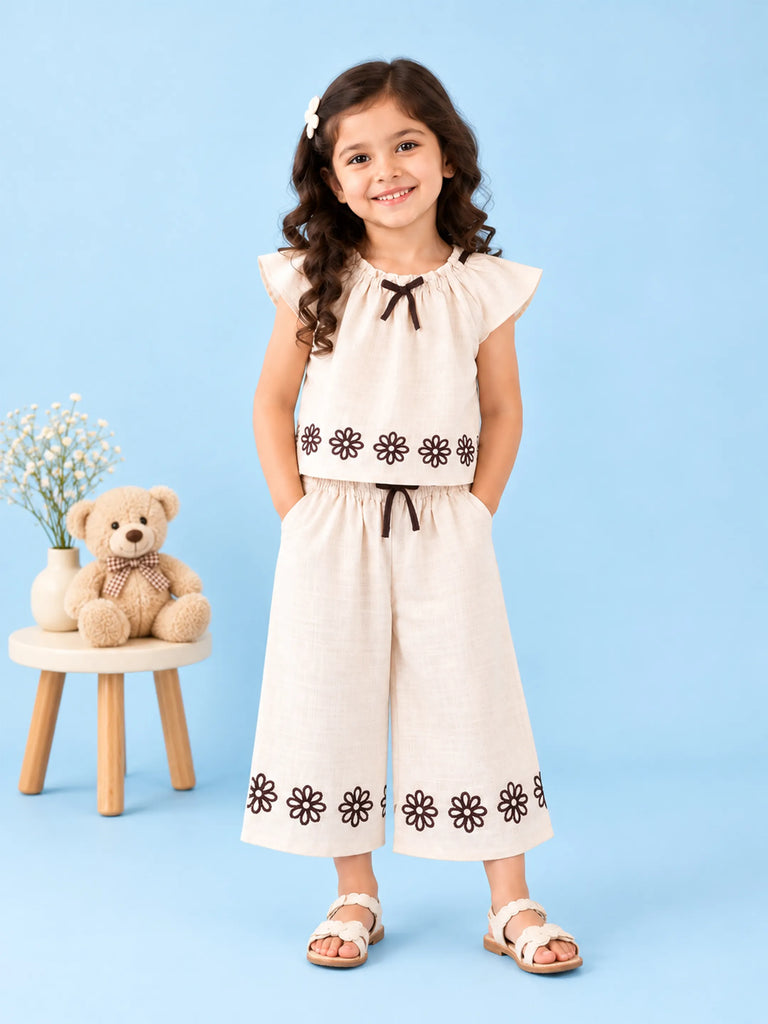 Girls Cotton Co-Ord Set – Cream Top & Wide-Leg Pants with Floral Embroidery