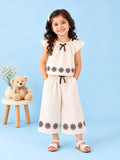 Girls Cotton Co-Ord Set – Cream Top & Wide-Leg Pants with Floral Embroidery