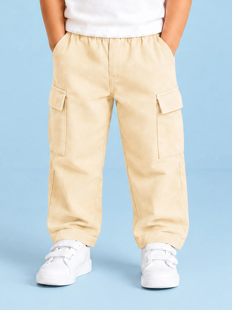 Unisex Light Beige Cotton Kids Cargo Pants – Comfortable Everyday Bottomwear
