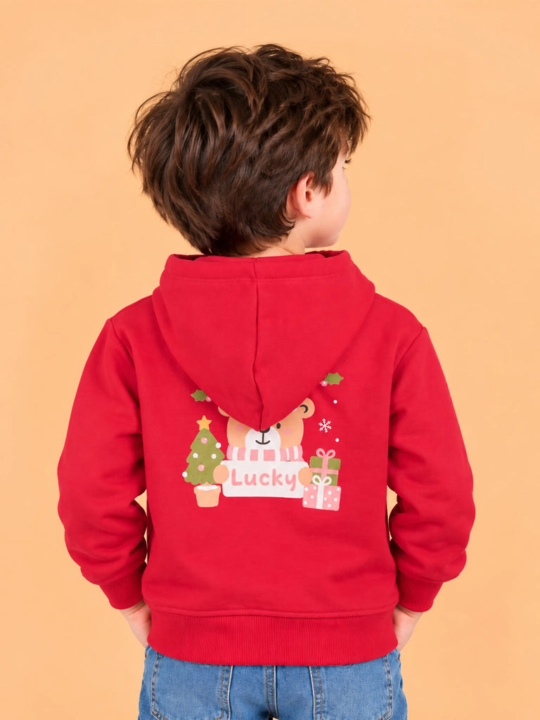 Unisex Cotton Hoodie – Red Full-Sleeve Christmas Printed Pullover Sweatshirt
