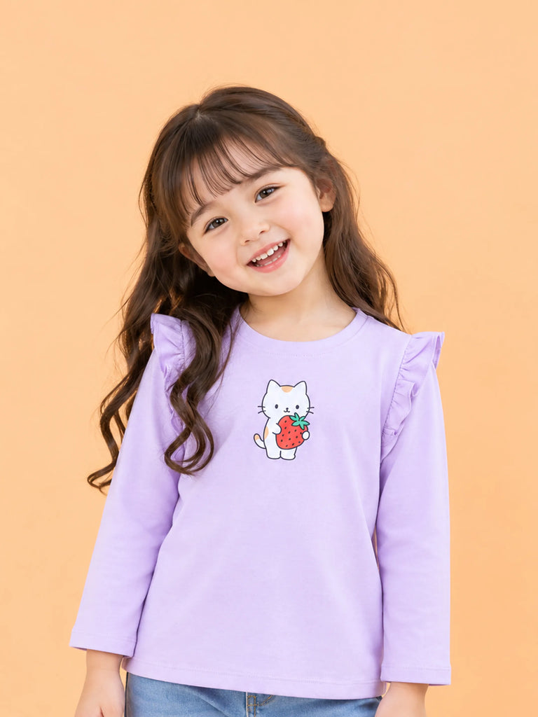 Girls Lavender Full-Sleeve Top – Strawberry Kitty Print