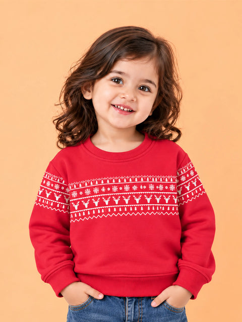 Unisex Cotton Sweatshirt – Red Full-Sleeve Christmas Fair Isle Printed Pullover