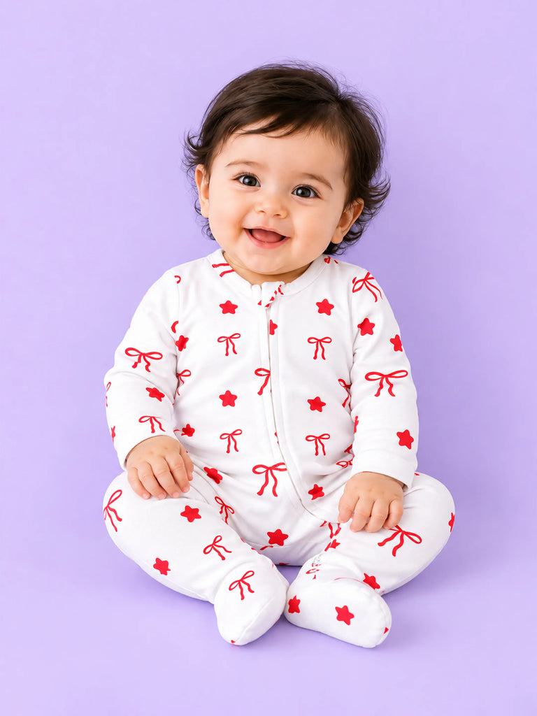 Cotton Baby Footed Romper – White Bow & Star Print Full-Sleeve Romper