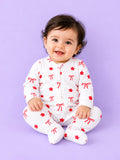Cotton Baby Footed Romper – White Bow & Star Print Full-Sleeve Romper