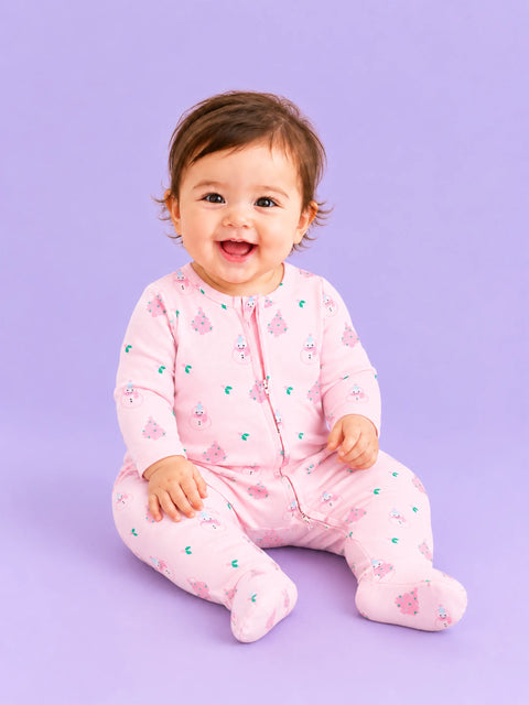 Cotton Baby Girls Footed Romper – Pink Christmas Print Full-Sleeve Romper