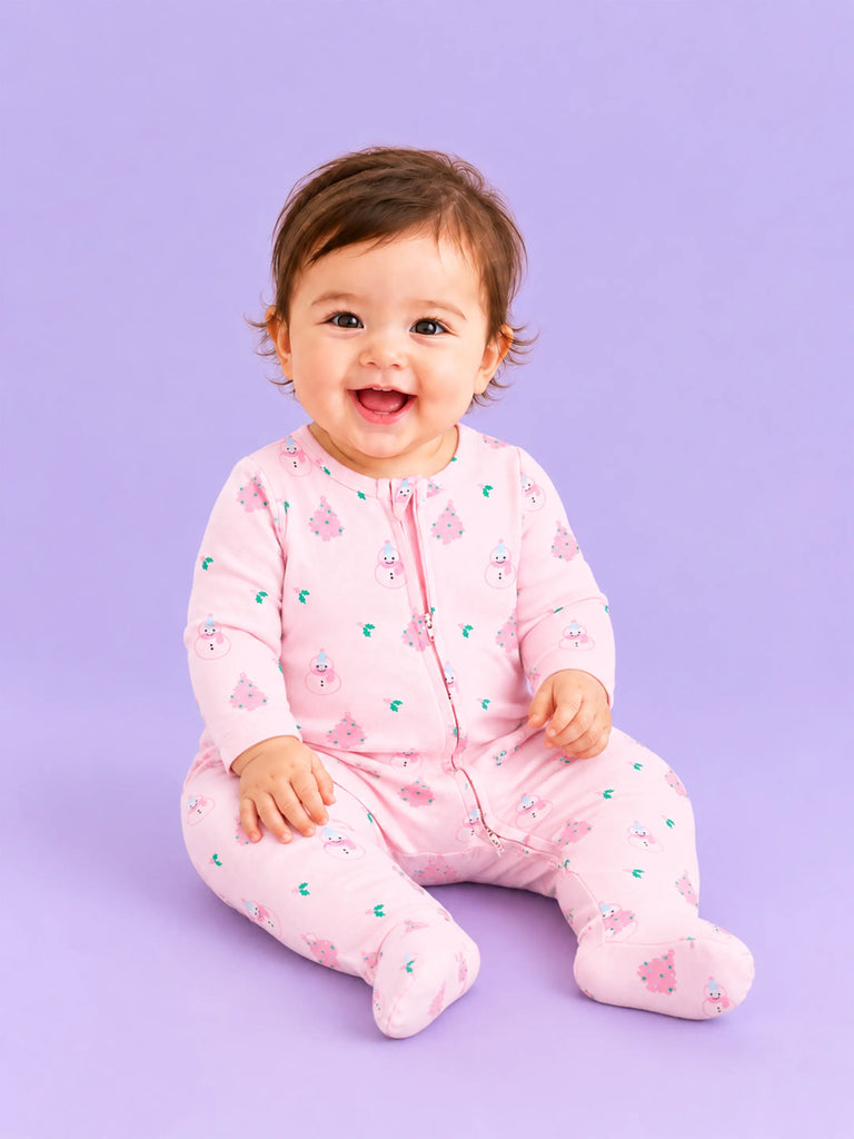 Cotton Baby Girls Footed Romper – Pink Christmas Print Full-Sleeve Romper