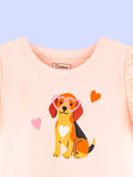 Girls Peach Top – Cute Puppy Print with Ruffle Sleeves