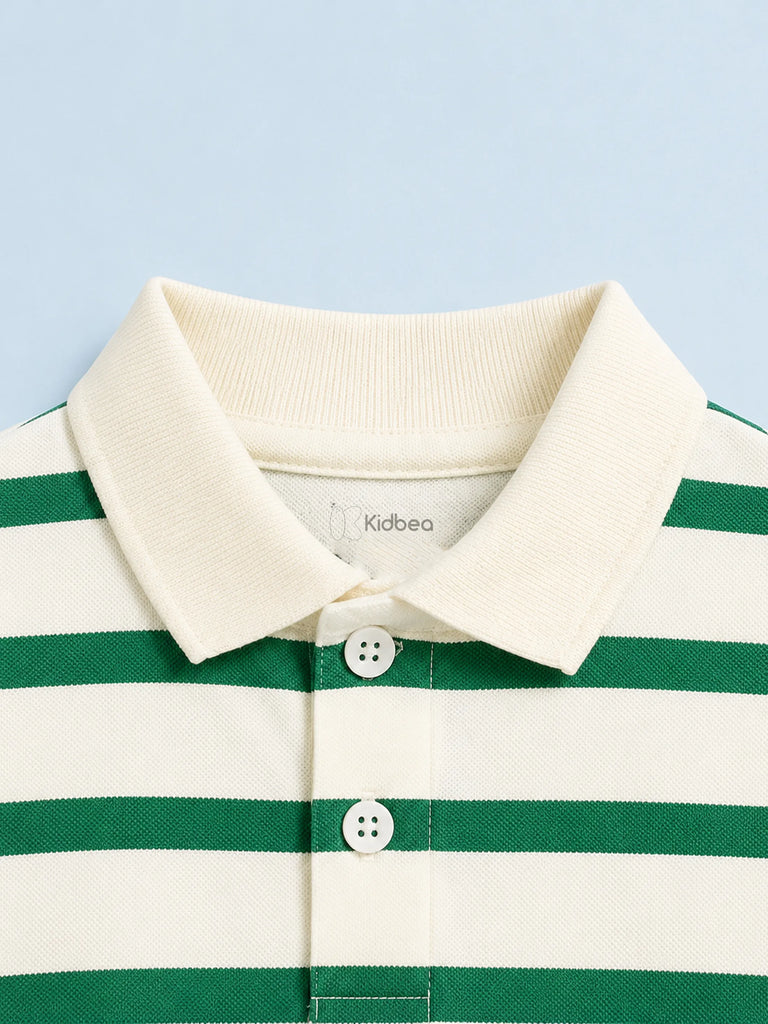 Boys Bamboo Fabric Green Striped Polo T-Shirt