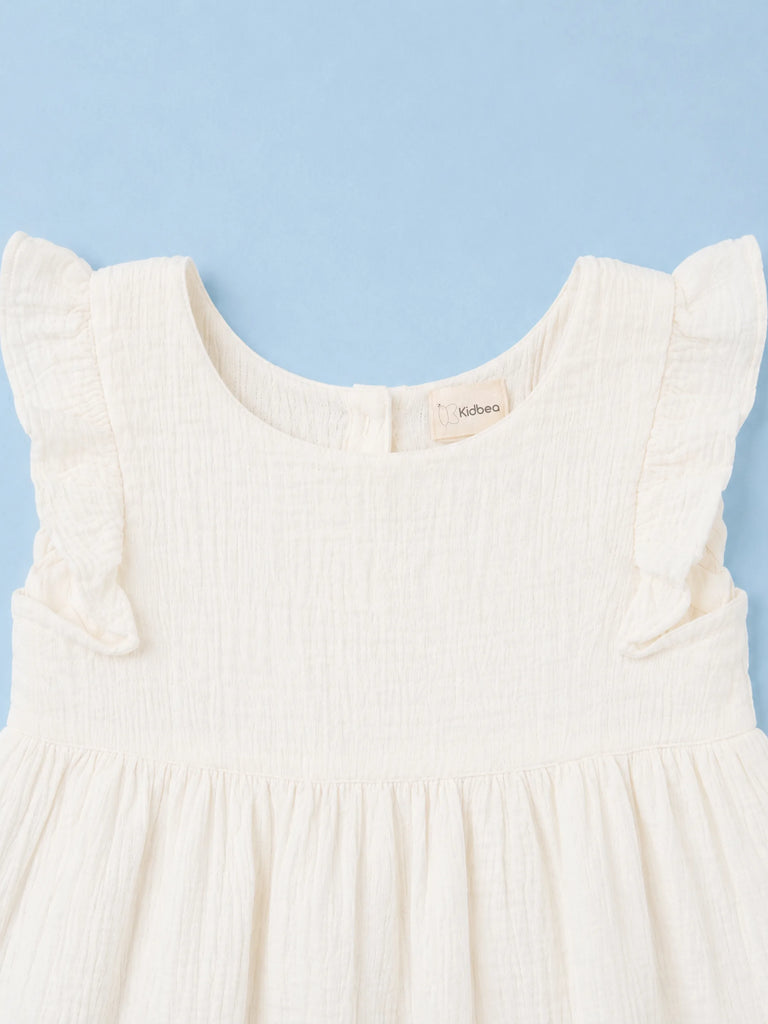Organic Cotton Girls Flutter Sleeve A-Line Dress - White