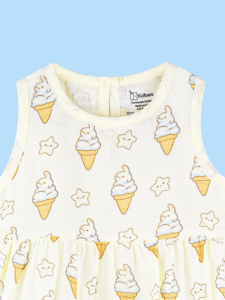 BambooTEC™ Bamboo Muslin Baby Frock – Ice Cream & Star Print, Soft & Breathable Dress