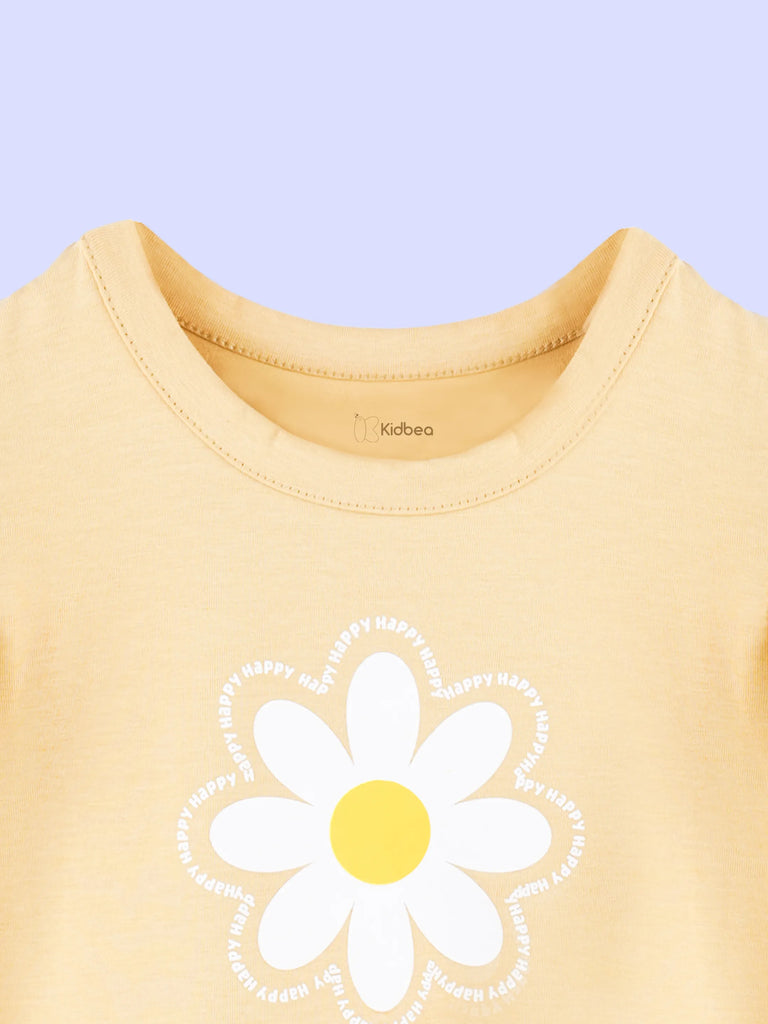 Girls Yellow Top – Daisy Flower Print with Ruffle Sleeves
