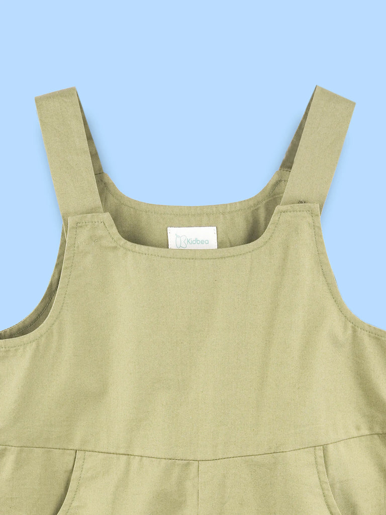 Unisex Cotton Dungaree Shorts – Olive Green Sleeveless Suspender Romper with Pockets