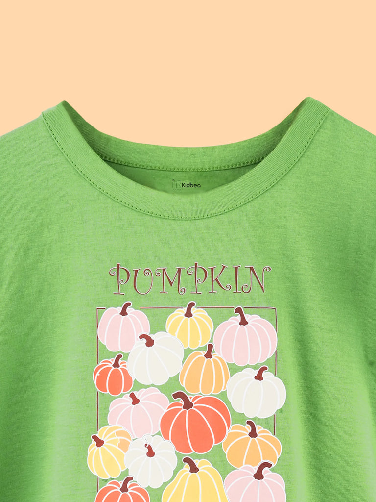 Girls Green Top – Pumpkin Season Print with Ruffle Sleeves
