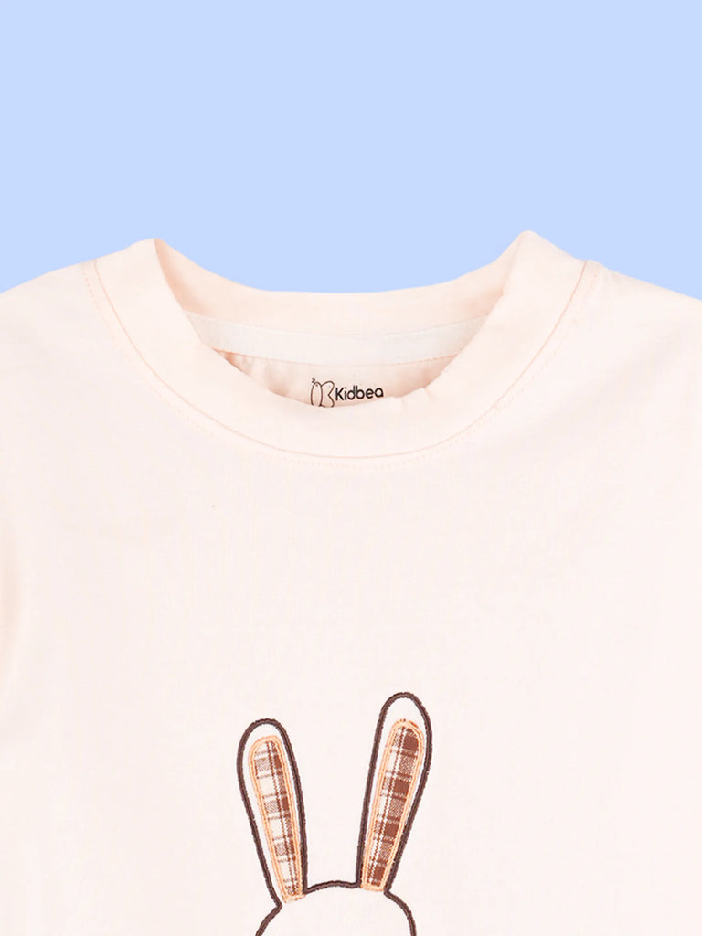Girls Cotton Co-Ord Set – Peach Bunny T-Shirt with Denim Shorts