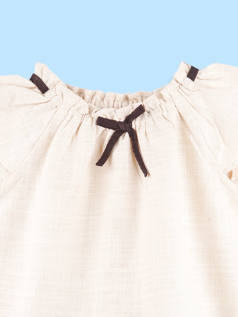 Girls Cotton Co-Ord Set – Cream Top & Wide-Leg Pants with Floral Embroidery