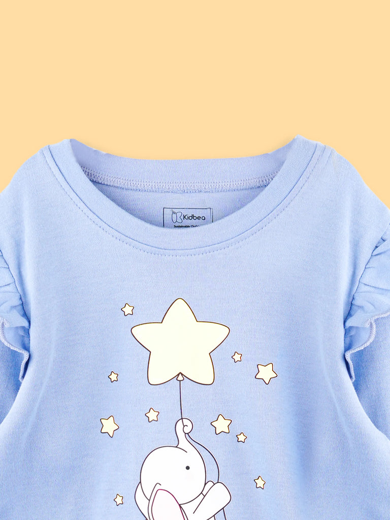 Girls Blue Full-Sleeve Top – Star & Elephant Print