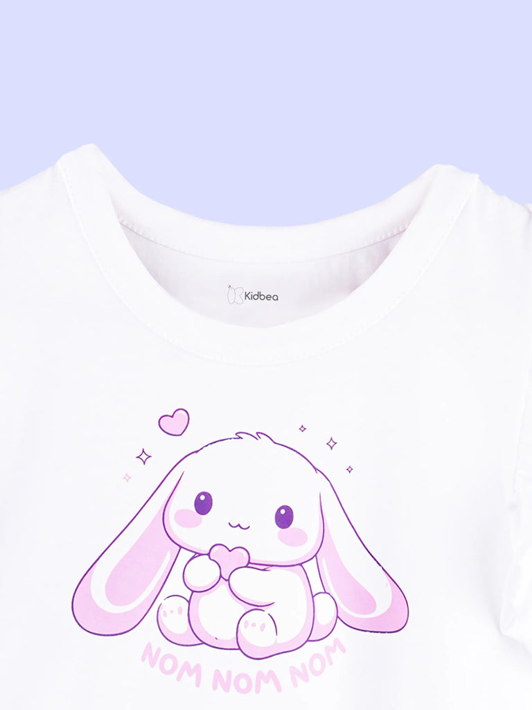 Girls White Top – Cute Bunny “Nom Nom Nom” Print with Ruffle Sleeves