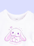 Girls White Top – Cute Bunny “Nom Nom Nom” Print with Ruffle Sleeves