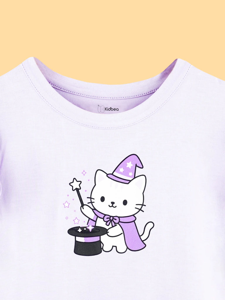 BambooTEC™ Bamboo Girls Lavender Top – Magic Cat Print with Ruffle Sleeves