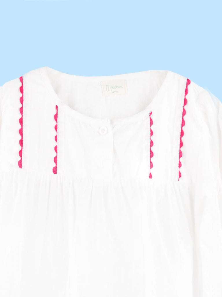Girls Cotton Dress – White 3/4 Sleeve Dress with Red Embroidery & Scalloped Details