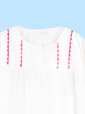 Girls Cotton Dress – White 3/4 Sleeve Dress with Red Embroidery & Scalloped Details