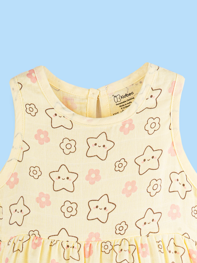 BambooTEC™ Bamboo Muslin Baby Frock – Star & Flower Print, Soft & Breathable Dress
