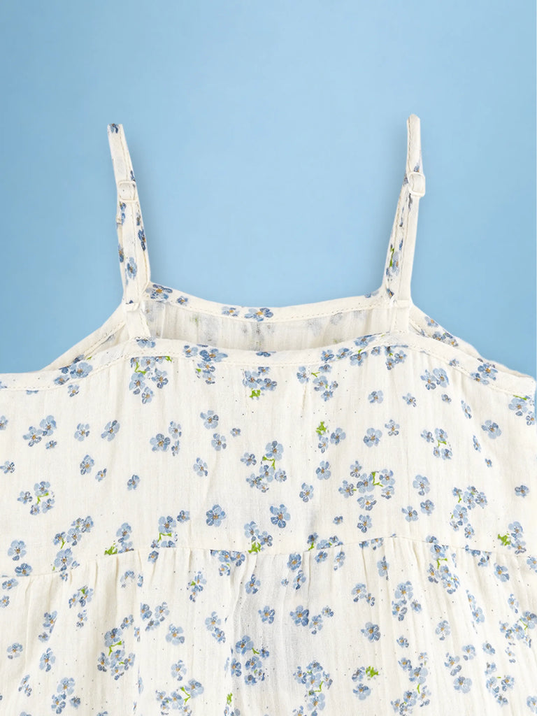 Girls Cotton White Floral Print Frock