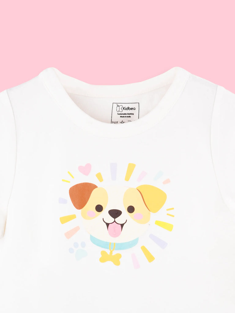 Girls White Top – Cute Puppy Print with Round Neck