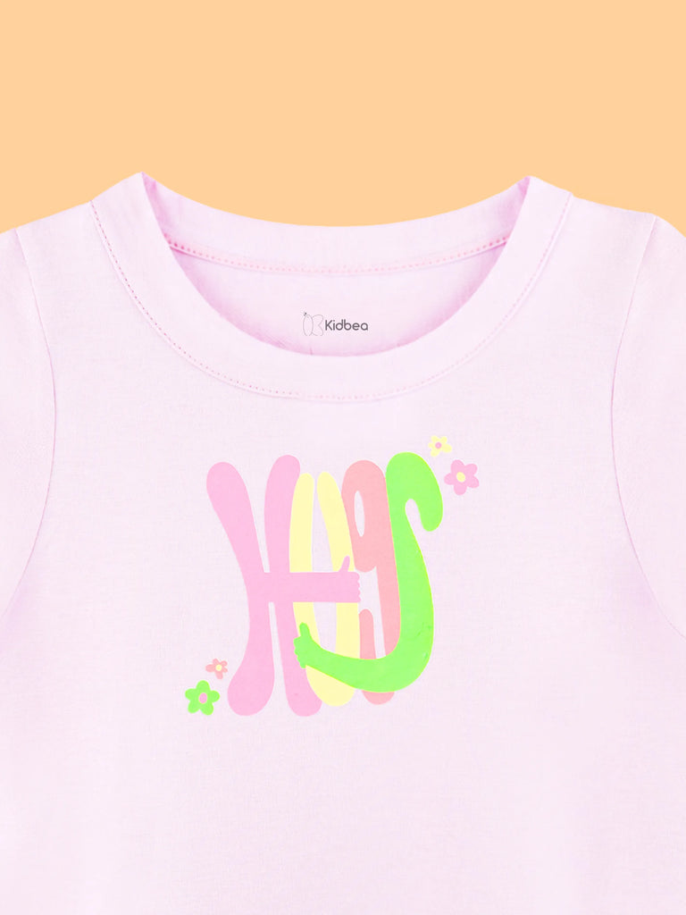 Girls Pink Top – Happy Floral Letter Print with Ruffled Edges