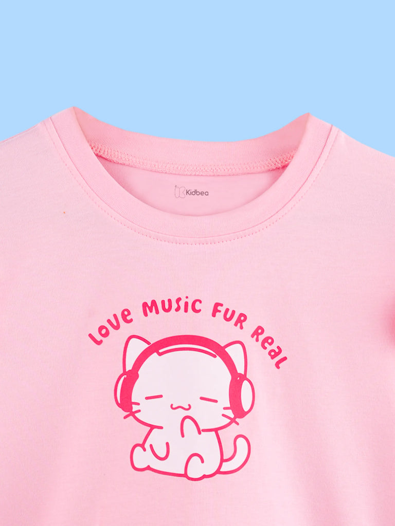 Girls Pink Full-Sleeve Top – Love Music Fur Real Print