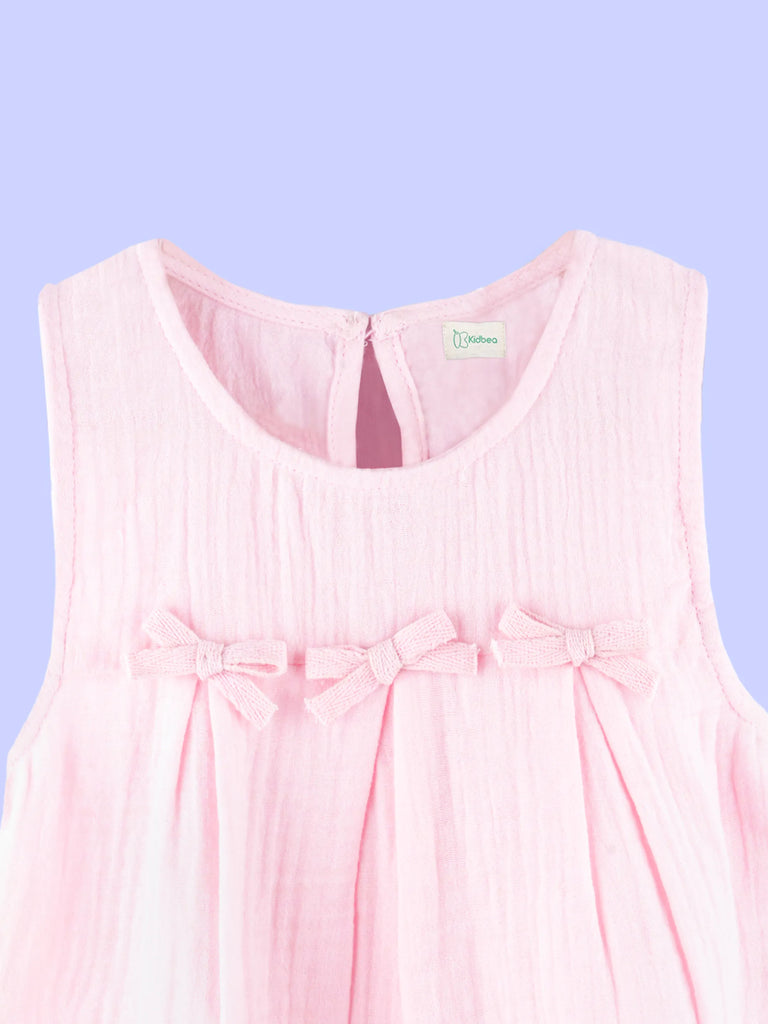 Girls Cotton Dress – Light Pink Sleeveless A-Line Dress with Bow Details