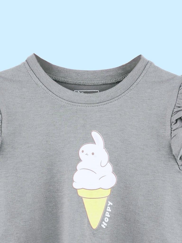 Girls Grey Full-Sleeve Top – Ice Cream Bunny Print