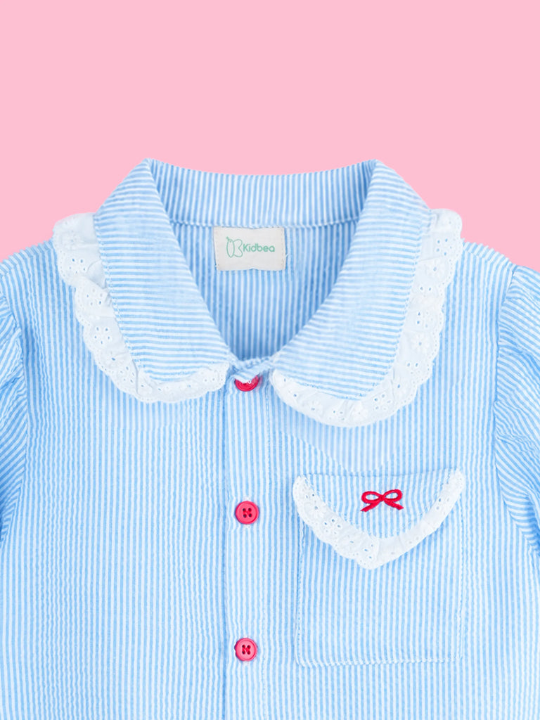 Girls Cotton Co-Ord Set – Blue Striped Shirt with Navy Flared Skirt