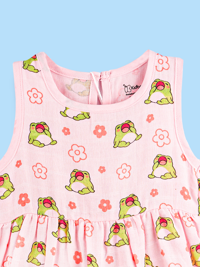 BambooTEC™ Bamboo Muslin Baby Frock – Frog & Floral Print, Soft & Breathable Dress