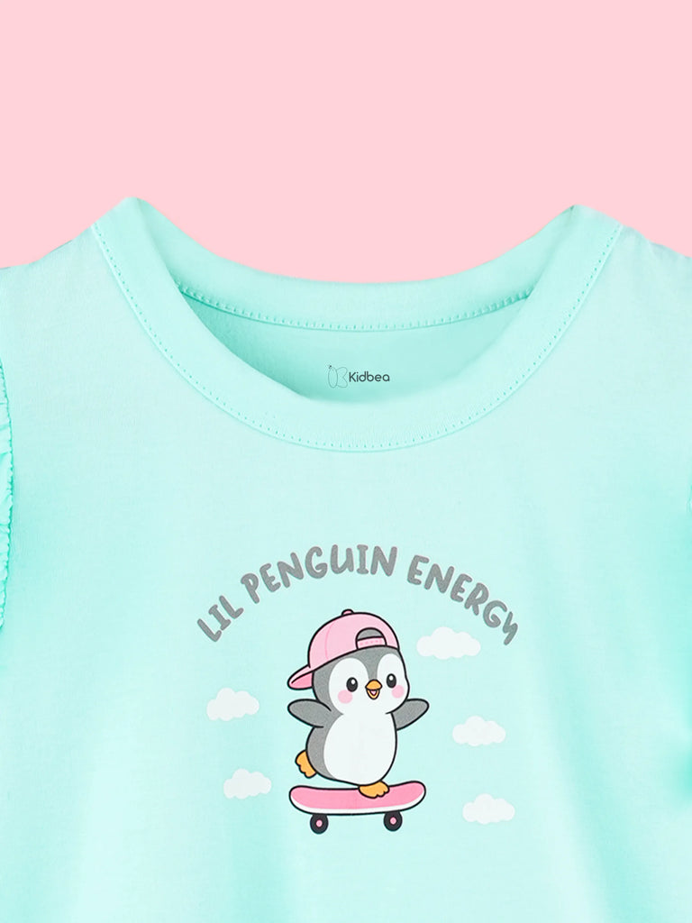 Girls Aqua Top – Lil Penguin Energy Print with Ruffle Sleeves