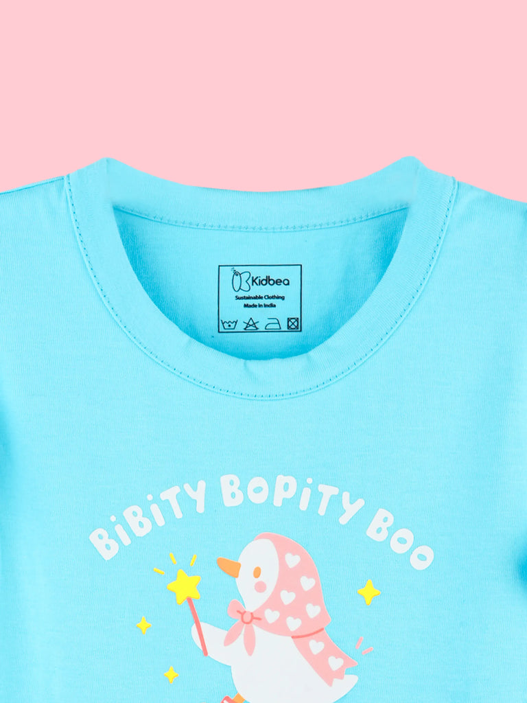 Girls Blue Top – Bibity Bopity Boo Penguin Print with Ruffle Sleeves