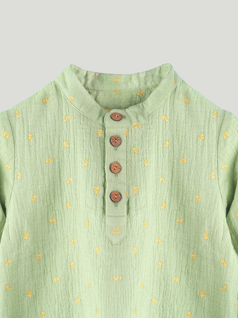 Organic Cotton Boys Mandarin Collar Full Sleeve Shirt - Sage Green