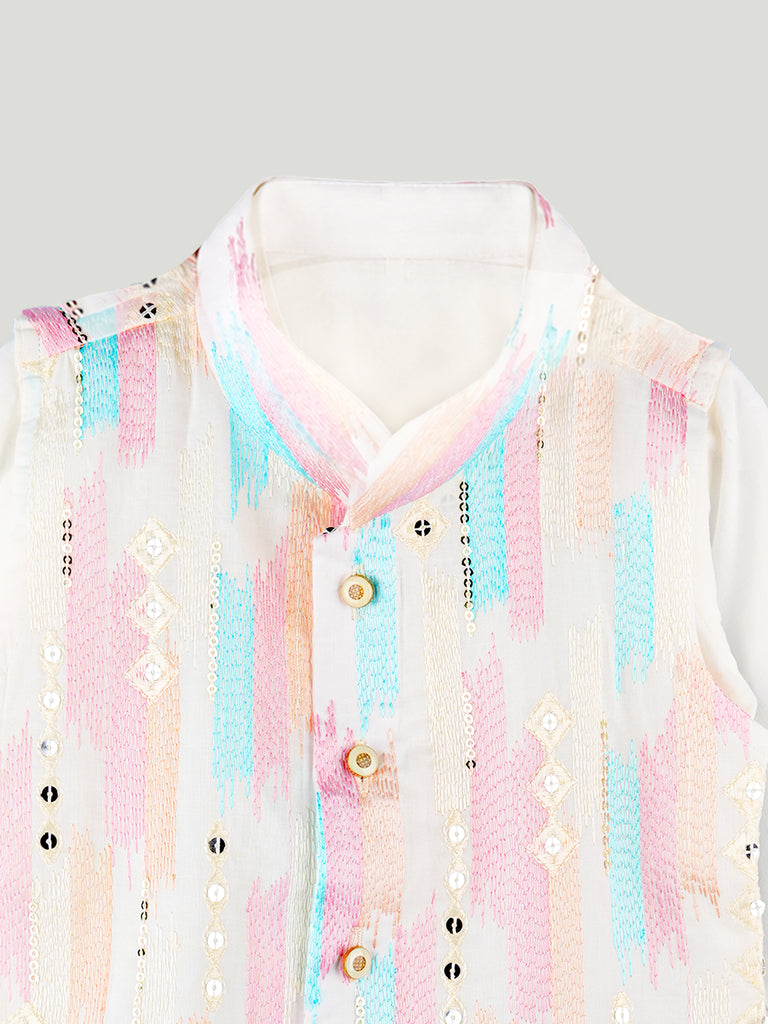 Boys White Kurta & Dhoti Set – Pastel Printed Jacket Festive Wear